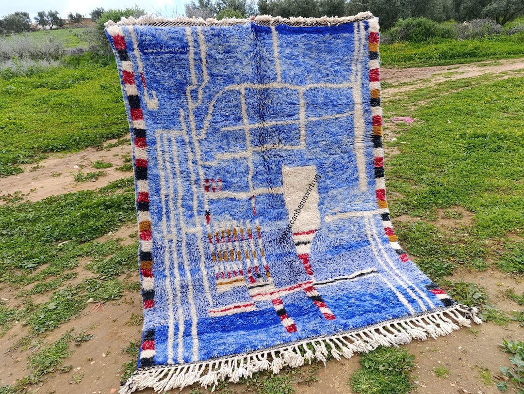 Custom Rugs Blue Handmade Moroccan Berber Wool Rug – Abstract Geometric Blue Area Rug ...