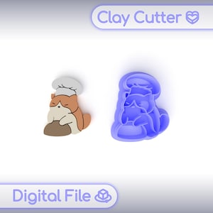 May include: A clay cutter and a finished clay figure of a cat chef. The cat is brown, tan, and white, wearing a white chef's hat. The cutter is blue and in the shape of the cat. The text "Clay Cutter" and "Digital File" are visible.