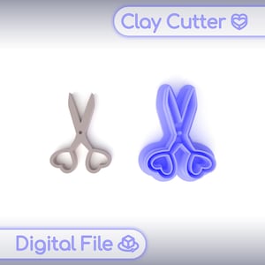 May include: A digital file for a clay cutter in the shape of scissors with heart-shaped handles. The cutter is shown in two views, one in a light gray color and the other in a light blue color. The text "Clay Cutter" is at the top of the image and the text "Digital File" is at the bottom of the image.