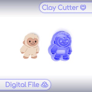 May include: A tan clay figure of a cartoon yeti with a smiling face next to a blue clay cutter in the shape of the same yeti. The text "Clay Cutter" and "Digital File" are displayed in the image.
