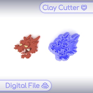 May include: A red dragon head clay cutter next to a blue dragon head clay cutter. The red dragon head has an open mouth with visible teeth. The blue cutter is a detailed outline. The text "Clay Cutter" and "Digital File" are in the image.