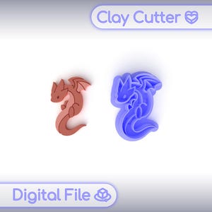 May include: Two dragon-shaped clay cutters. One is reddish-brown, the other is a blue mold. The image also includes the text "Clay Cutter" and "Digital File".