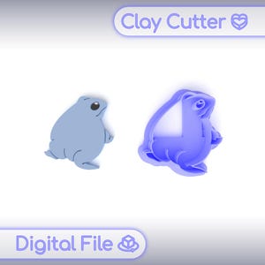 May include: Two clay cutters shaped like a seal. One is a solid seal shape, the other is an outline. Both are light blue. The image includes the text "Clay Cutter" and "Digital File".