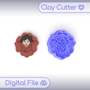 May include: Two clay cutters shaped like a rose with a woman's face. One is a finished product in brown, the other is a blue mold. The text "Clay Cutter" and "Digital File" are displayed.