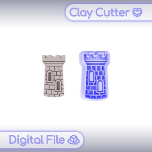 以下が含まれることがあります： 城の塔の形をした粘土カッターが2つ。1つはグレーの完成品で、もう1つは青色の未完成のカッターです。カッターには長方形のレンガ模様とアーチ型の窓の切り抜きがあります。「Clay Cutter」と「Digital File」という言葉が画像にあります。