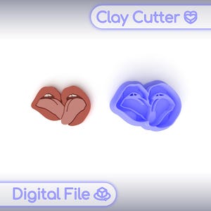 May include: A clay cutter and a digital file of a pair of lips with tongues sticking out. The clay cutter is blue and the lips are brown with pink tongues. The text "Clay Cutter" and "Digital File" are in the image.