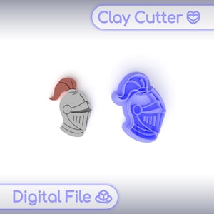 May include: Two clay cutter designs shaped like knight helmets. One is gray with a red plume, the other is a solid blue. The text "Clay Cutter" and "Digital File" are displayed above and below the helmets.