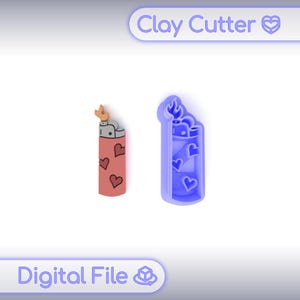 Puede incluir: Un archivo digital que presenta un encendedor rojo con diseños de corazón y un cortador de arcilla azul en forma de encendedor. El encendedor tiene una llama y detalles de corazón. El texto "Clay Cutter" y "Digital File" son visibles.