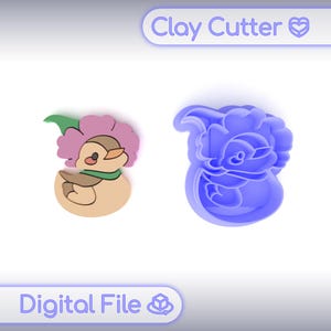 May include: Two clay cutters: one of a cartoon duck with a flower hat and scarf, and another of a squirrel. The duck is tan, pink, green, and brown. The squirrel cutter is blue. The words "Clay Cutter" and "Digital File" are in the image.