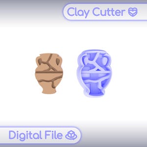 May include: Two clay cutters in the shape of an amphora. One is a light brown color, and the other is a translucent blue. The text "Clay Cutter" and "Digital File" are in the image.