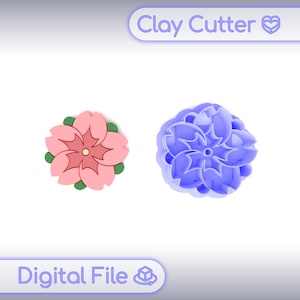 May include: Two clay cutters in the shape of a flower. One is pink with green and brown accents, and the other is blue. The text "Clay Cutter" and "Digital File" are visible.