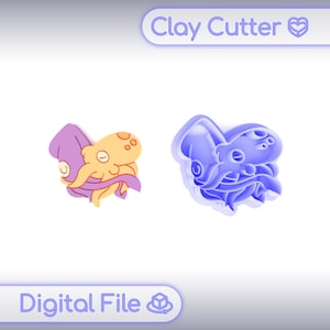 May include: Two octopus-shaped clay cutters, one in yellow and purple, the other in blue. The image includes the text "Clay Cutter" and "Digital File".