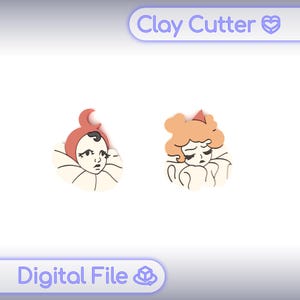 May include: Two clay cutters with a sad clown design. One has a red hat and the other has orange hair. The text "Clay Cutter" and "Digital File" are in the image.