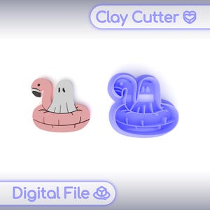 May include: A pink flamingo float with a ghost and a blue flamingo float clay cutter. The image also includes the text "Clay Cutter" and "Digital File".