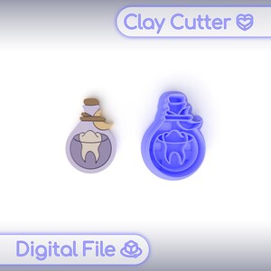 May include: Two clay cutters in the shape of a potion bottle with a tooth inside. One is a finished product in shades of purple, tan, and white. The other is a blue cutter. The text "Clay Cutter" and "Digital File" are in the image.