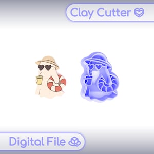May include: A digital file featuring a clay cutter design. The design includes a ghost wearing heart-shaped sunglasses, a sun hat, and a life preserver, holding a beverage. The text "Clay Cutter" and "Digital File" are also present.