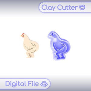 May include: A digital file featuring a chicken-shaped clay cutter. The cutter is blue and has a detailed outline of a chicken. Beside it is a beige chicken illustration with a red comb. The text "Clay Cutter" and "Digital File" are also present.