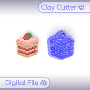 May include: Two clay cutters, one a finished strawberry shortcake and the other a blue outline of the same design. The text "Clay Cutter" and "Digital File" are displayed in the image.