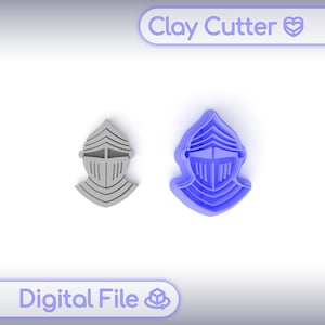 Peut inclure: Deux emporte-pièces en forme de casque de chevalier. L'un est gris, l'autre est bleu. Le texte "Clay Cutter" et "Digital File" est présent dans l'image.