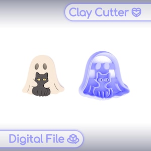 May include: A light-colored ghost-shaped clay cutter and a corresponding digital file design featuring a black cat with yellow eyes peeking out from under a ghost sheet. The image includes the text Clay Cutter and Digital File in purple.