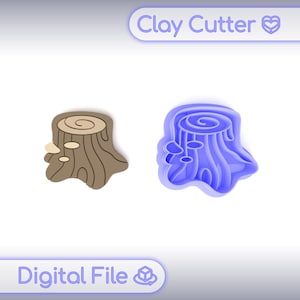 Puede incluir: Un archivo digital que presenta un cortador de arcilla con forma de tocón de árbol con setas. El cortador es azul, y el tocón es marrón con setas beige. Se muestra el texto "Clay Cutter" y "Digital File".