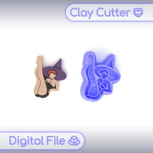 May include: A clay cutter and a digital file of a witch. The witch is wearing a black top and a purple hat. The clay cutter is blue and has the same witch design. The text "Clay Cutter" and "Digital File" are visible.