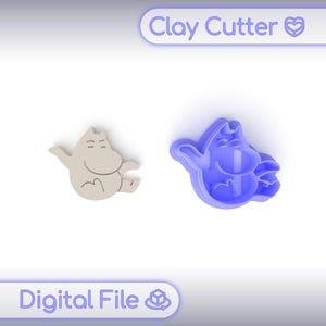 Könnte beinhalten: Eine beige Tonfigur und ein blauer Ton-Ausstecher, beide in Form einer Zeichentrickfigur. Der Text "Clay Cutter" und "Digital File" ist im Bild zu sehen.