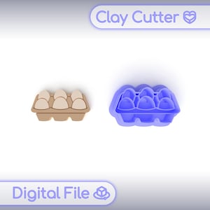 May include: Two egg carton clay cutters. One is a brown egg carton with six eggs, and the other is a blue egg carton with six egg-shaped moulds. The words "Clay Cutter" and "Digital File" are in the image.