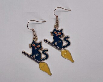 Black Cat on Witch Broomstick Halloween Charm Earrings