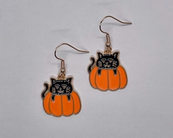 Pumpkin Black Cat Halloween Charm Earrings