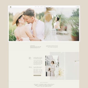 May include: A website layout featuring editorial photography for modern romances. The top section showcases a couple embracing, with a secondary image of a bride. The text "CORNELIA" is visible. The bottom section includes text and a photo of a woman in a coat.