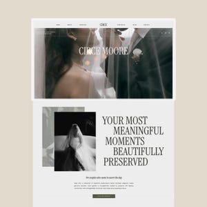 May include: A website landing page for Circe Moore photography featuring a header with a couple in wedding attire behind a veil. The page includes the text "YOUR MOST MEANINGFUL MOMENTS BEAUTIFULLY PRESERVED" next to a black and white photograph of a bride.