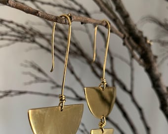 100% Brass Double Half Circle Statement Earrings Handcrafted Recycled Brass Pair Gold Unisex Ladies Men Handmade Double Half Circle Design