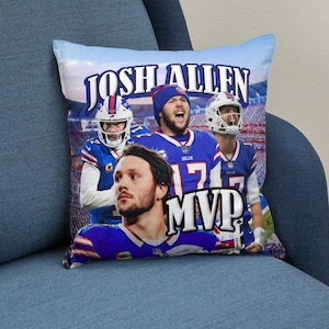 May include: A blue and white throw pillow with a picture of Josh Allen, a football player, and the text "Josh Allen MVP".