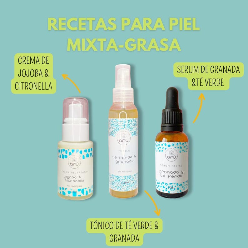 May include: Three glass bottles with blue and white labels containing skin care products for combination to oily skin. The labels read "Crema de Jojoba & Citronella", "T&oacute;nico T&eacute; Verde & Granada", and "Serum de Granada & T&eacute; Verde".