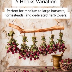 May include: A natural wooden branch hanging rack with six metal hooks, each holding a bundle of dried red clover flowers. The text 6 Hooks Variation and Perfect for medium to large harvests, homesteads, and dedicated herb lovers is displayed.