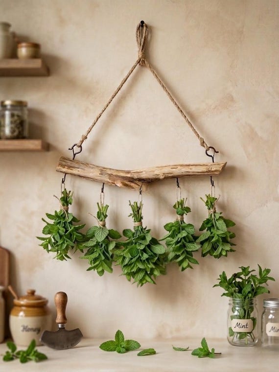 Handmade Rustic Wood Herb Drying Rack | 5 Hook Hanging Herb Dryer | Farmhouse Kitchen Rustic Wall or Ceiling Herb Rack