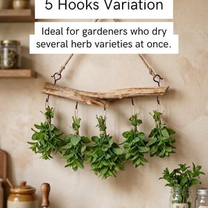 May include: A natural driftwood branch suspended by a jute rope, featuring five metal hooks. Five bundles of fresh green herbs are hanging from the hooks. The text 5 Hooks Variation and Ideal for gardeners who dry several herb varieties at once is visible.