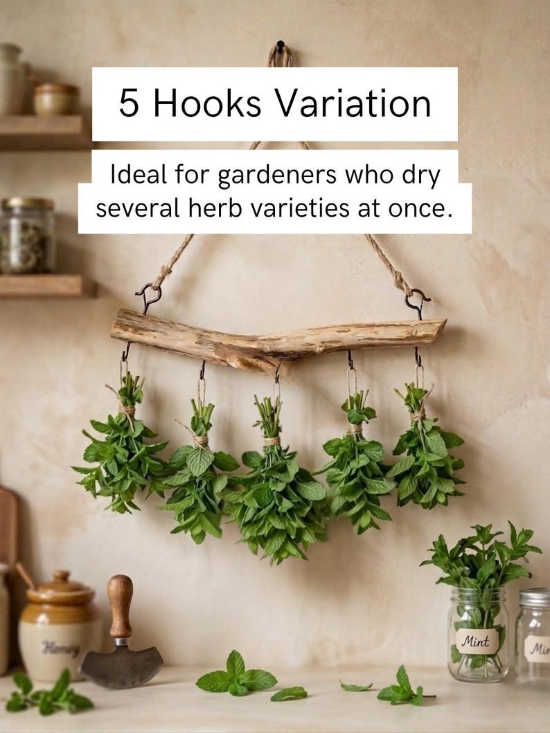 May include: A natural driftwood branch suspended by a jute rope, featuring five metal hooks. Five bundles of fresh green herbs are hanging from the hooks. The text 5 Hooks Variation and Ideal for gardeners who dry several herb varieties at once is visible.