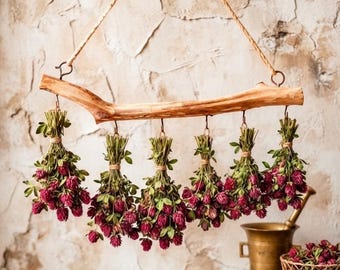 Handmade Rustic Wood Herb Drying Rack | 6 Hook Farmhouse Kitchen Hanger