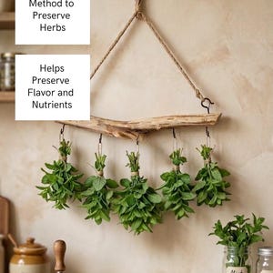 May include: A wall-mounted herb drying rack made from a natural wooden branch suspended by twine. Five bundles of fresh green herbs hang from metal hooks. Text reads: Best and Most Simple Method to Preserve Herbs. Helps Preserve Flavor and Nutrients.