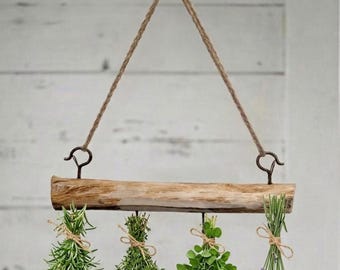 Handmade Rustic Wood Herb Drying Rack | 4 Hook Hanging Air Dryer for Kitchen