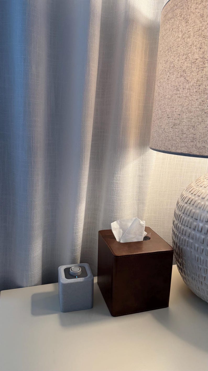 May include: A bedside scene featuring a gray speaker, a brown leather tissue box with white tissues, and a white lamp with a gray lampshade. The background includes a white curtain.