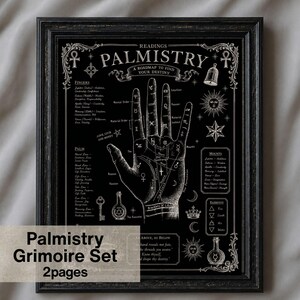 Peut inclure: Un tableau de chiromancie noir et blanc encadré, avec des illustrations détaillées de mains et du texte. Le cadre est noir. Le tableau comprend le texte "Palmistry" et "A Roadmap to Find Your Destiny". Le texte "Palmistry Grimoire Set 2 pages" est également visible.