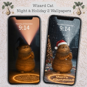May include: Two smartphone screens showing "Wizard Cat" wallpapers. One features a cat in a wizard hat, the other a cat in a Santa hat. Both screens display "Thursday 25 December, 9:14". The first screen has the text "Thre ald hre by the imcm iduyg Chimpar". The second screen has the text "Merry Christmas!"
