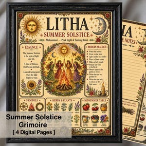 以下が含まれることがあります： 黒いフレームに入った「Litha Summer Solstice Grimoire」というタイトルのフレームプリント。アートワークは、太陽、月、焚き火の周りの人物のイラストを特徴としています。同様のデザインの追加ページが表示されます。