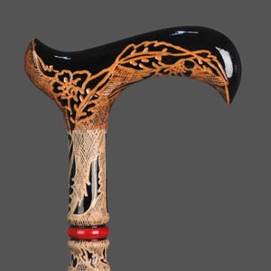 CrimsonFlame Cane – Red Spiral Carved Walking Stick, Handmade Wood Cane, Gift for Him, Unique Mobility Aid, Decorative Cane