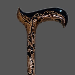 Hand-Carved Wooden Walking Cane, Black & Gold Floral Walking Stick, Unique Artisan Cane for Men and Women, Stylish Collectible Cane