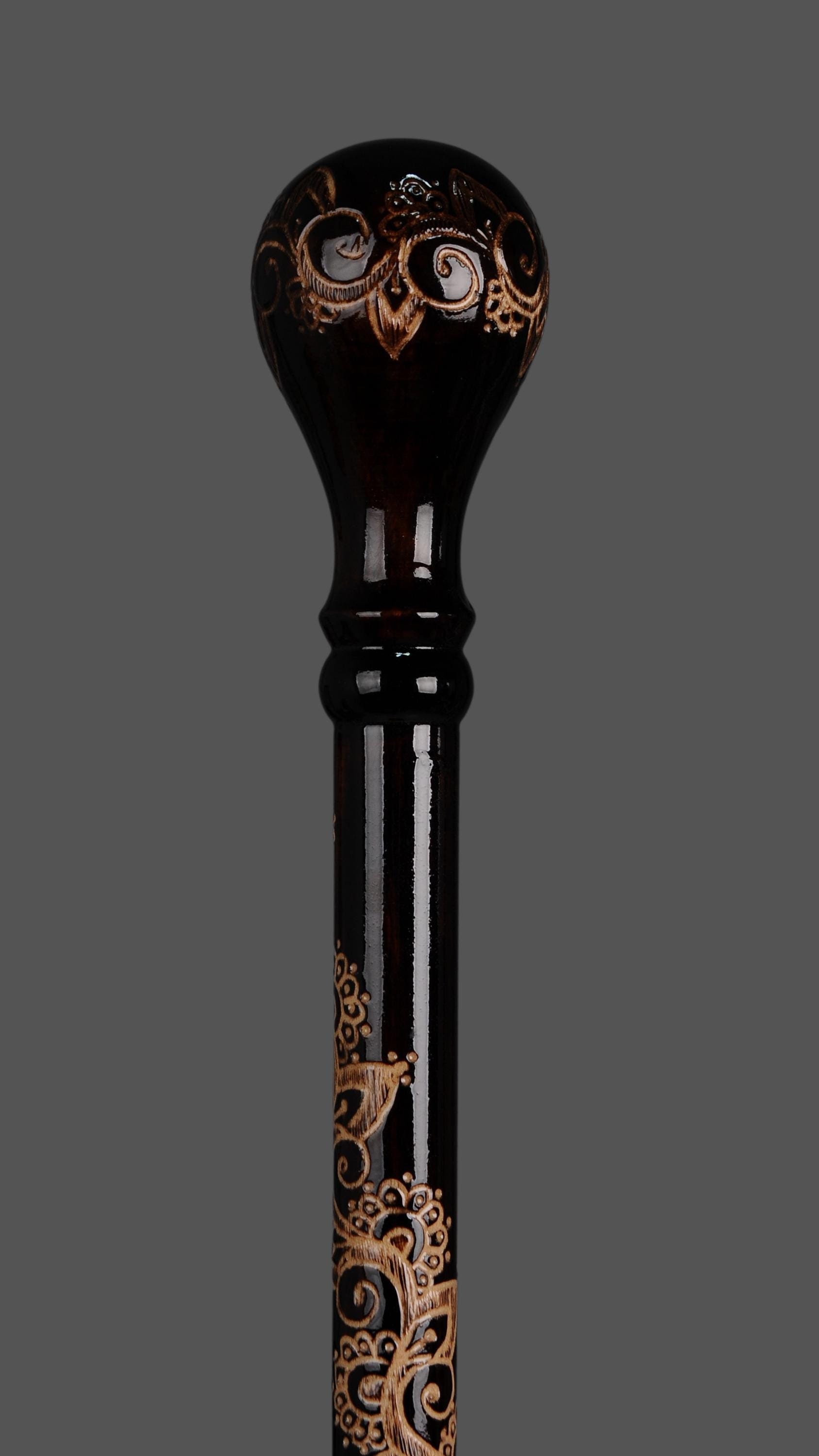 Royal Ebony Handcrafted Cane - Elegant Wooden Walking Stick with Intricate Floral Carvings, Vintage Design, Durable & Stylish