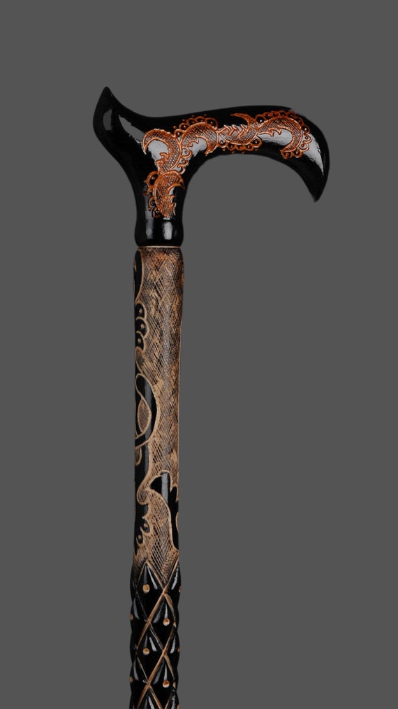 Artisan Black Handcrafted Cane – Unique Wooden Walking Stick with Hand-Carved Patterns, Ornate Handle, Sleek Finish, Durable & Ergonomic